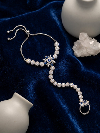 Blue silver-plated floral round-stone chain hathphool