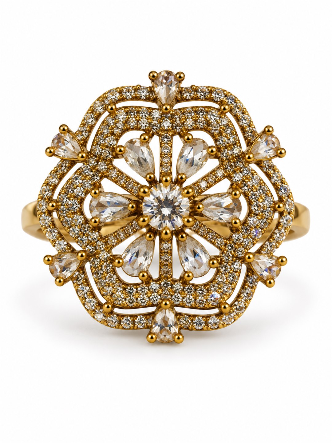Clear Stone Scalloped Floral Halo Ring - Gold Plated, additional view 5