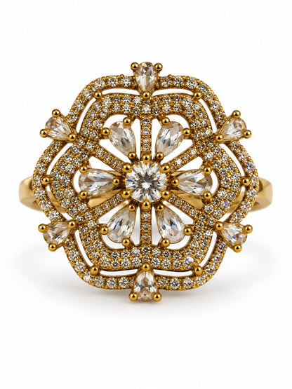 Clear Stone Scalloped Floral Halo Ring - Gold Plated, additional view 5