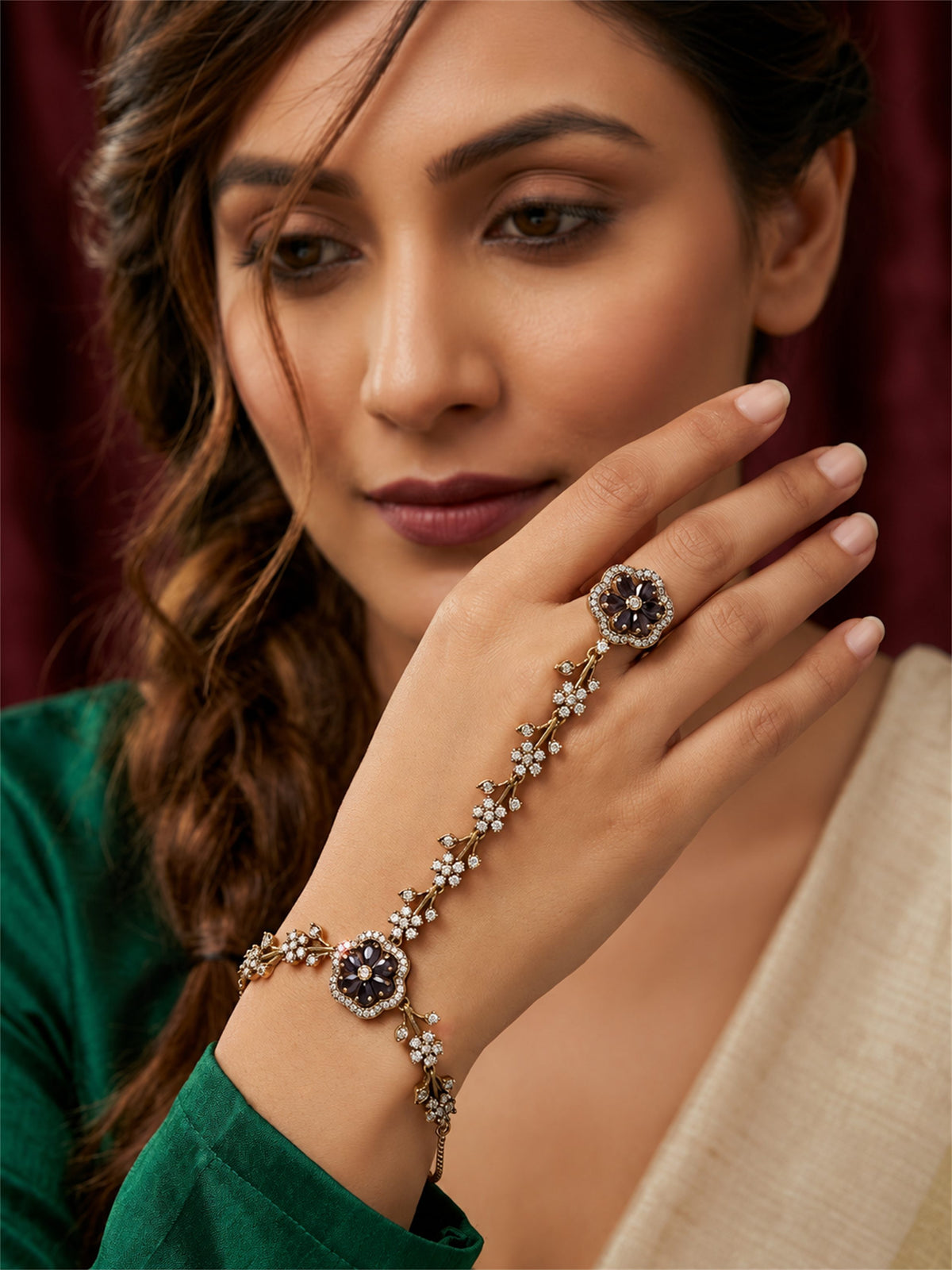 Purple Floral Marquise-Stone Chain Hathphool - Mehndi Plated worn on hand