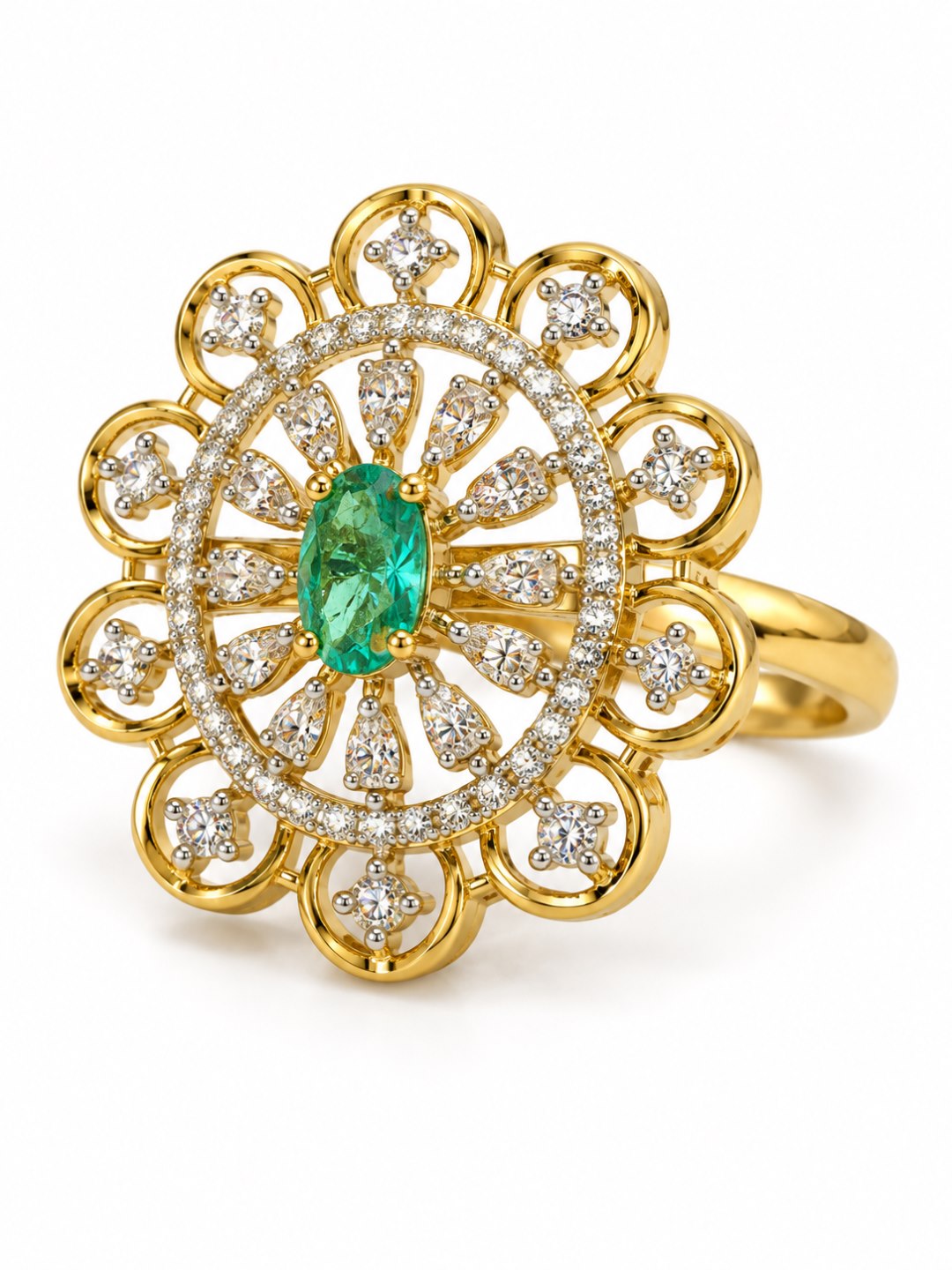 Green Center Stone Scalloped Floral Halo Ring - Gold Plated