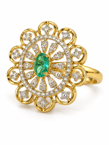 Green Center Stone Scalloped Floral Halo Ring - Gold Plated