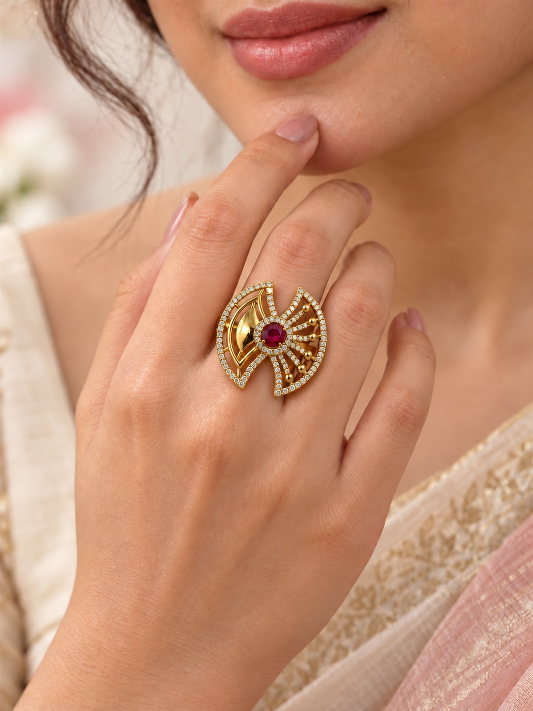Red Stone Openwork Fan Ring - Gold Plated, model close-up