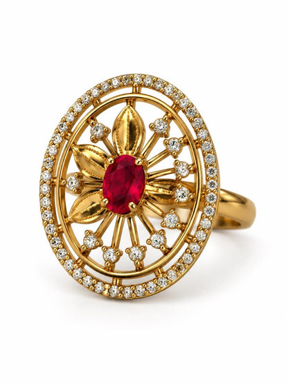 Red Stone Oval Sunburst Ring - Gold Plated, additional view 1