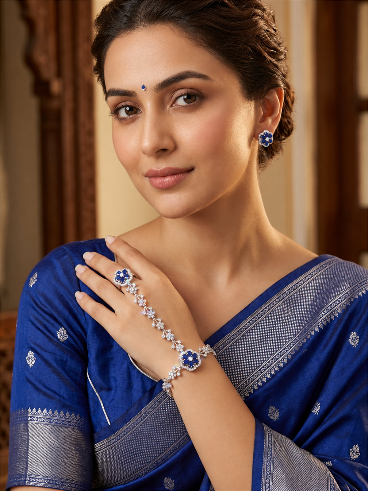 Blue silver-plated floral marquise-stone chain hathphool
