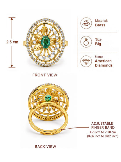 Sea Green Center Stone Oval Sunburst Ring - Gold Plated