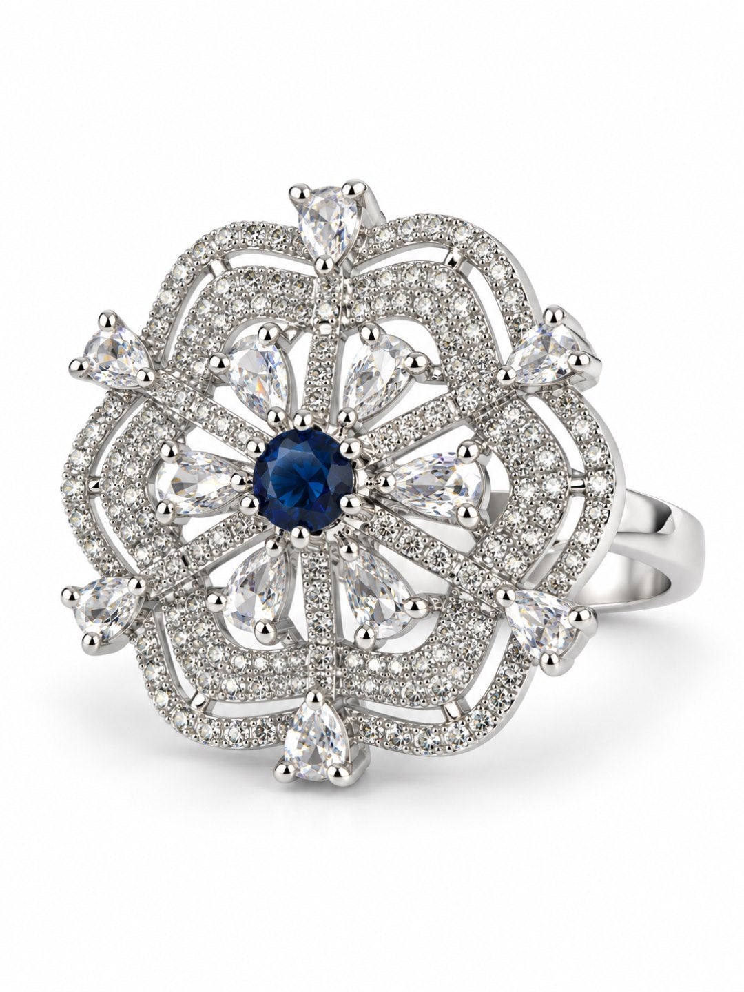 Blue Round Center Geometric Flower Ring - Silver Plated - alternate view