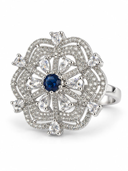 Blue Round Center Geometric Flower Ring - Silver Plated - alternate view