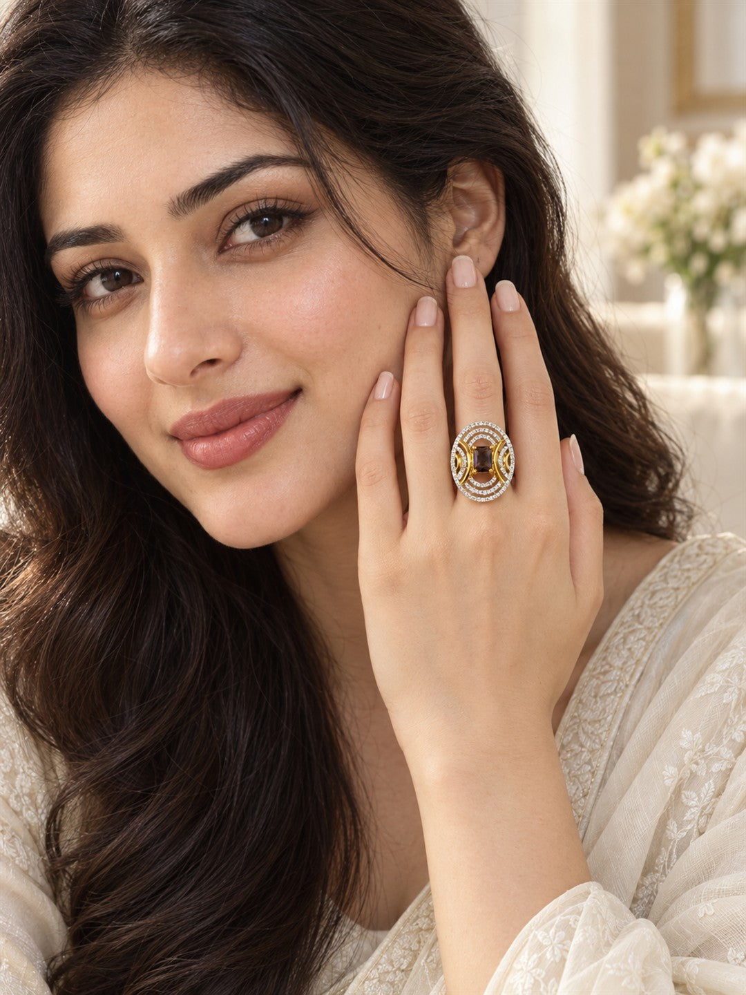 Purple Center Stone Oval Geometric Halo Ring - Gold Plated