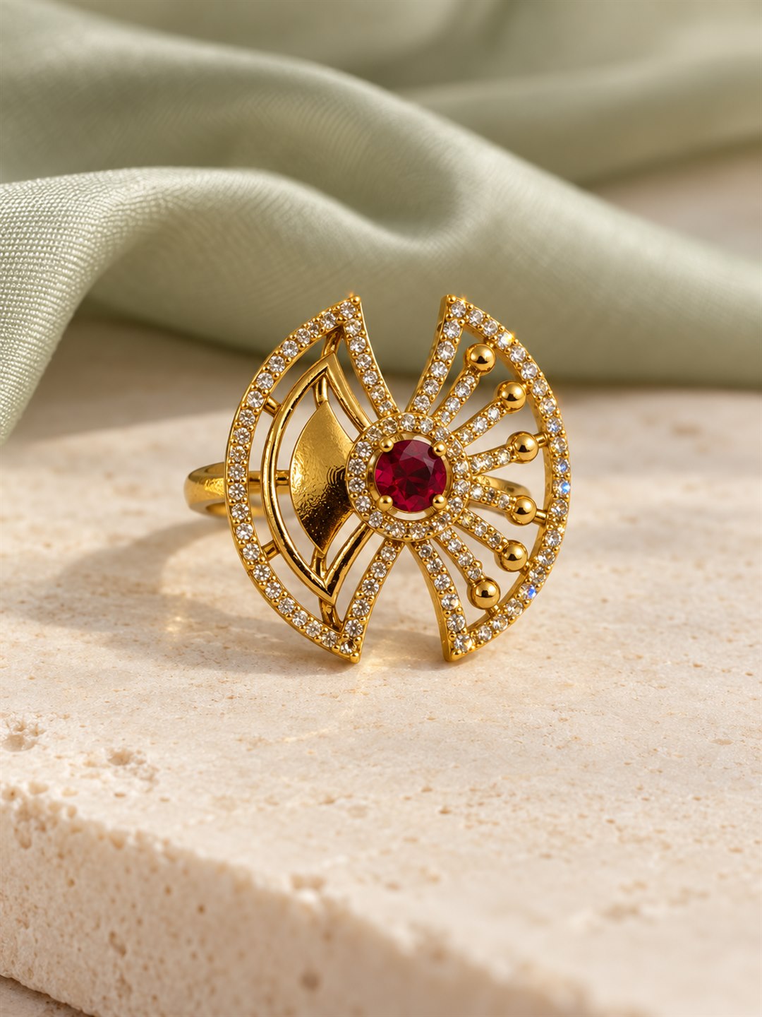 Red Stone Openwork Fan Ring - Gold Plated, additional view 3