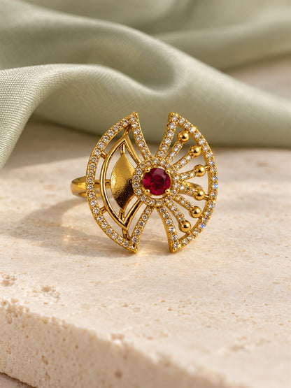 Red Stone Openwork Fan Ring - Gold Plated, additional view 3