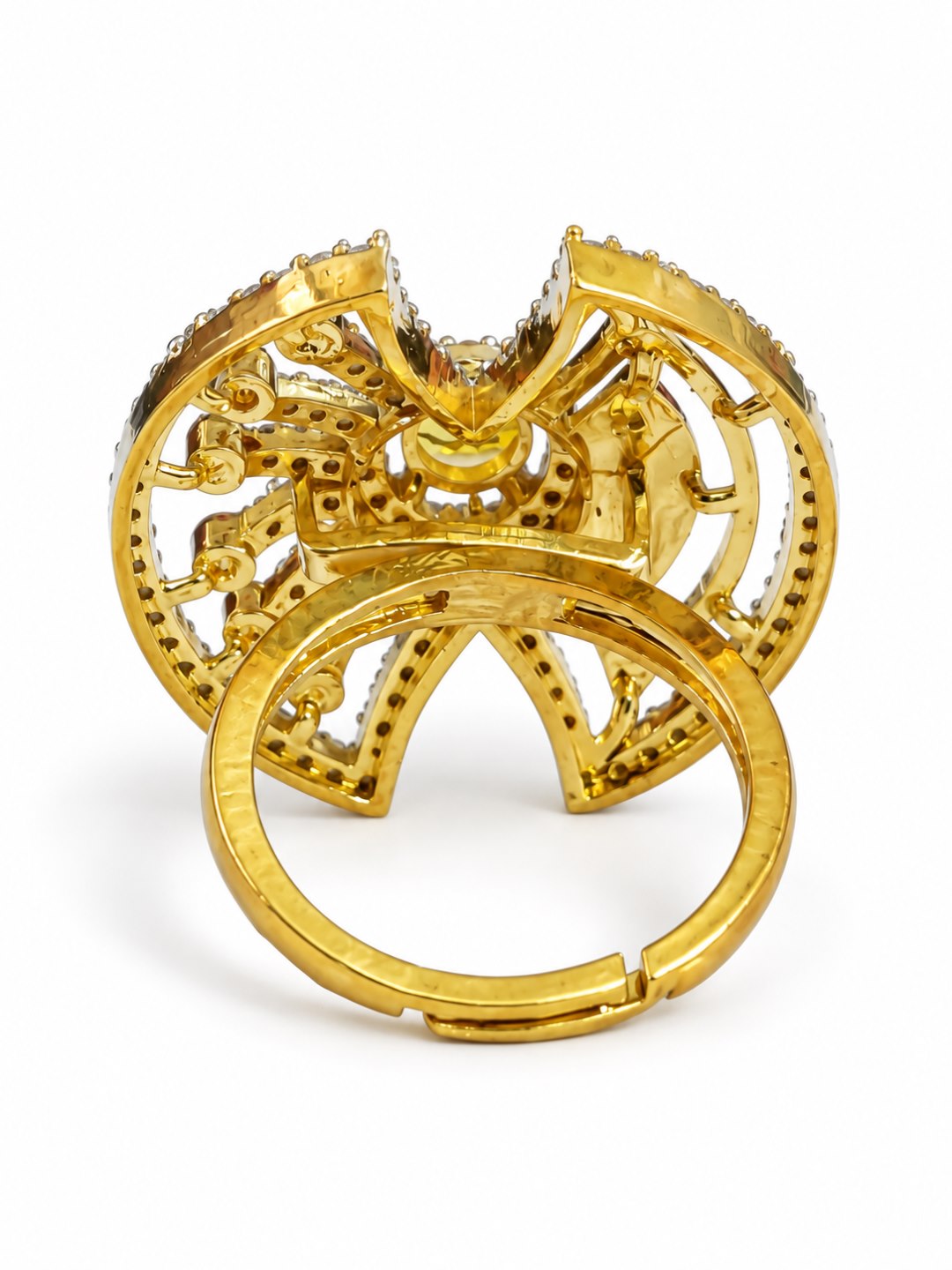 Yellow Center Stone Fan Motif Ring - Gold Plated