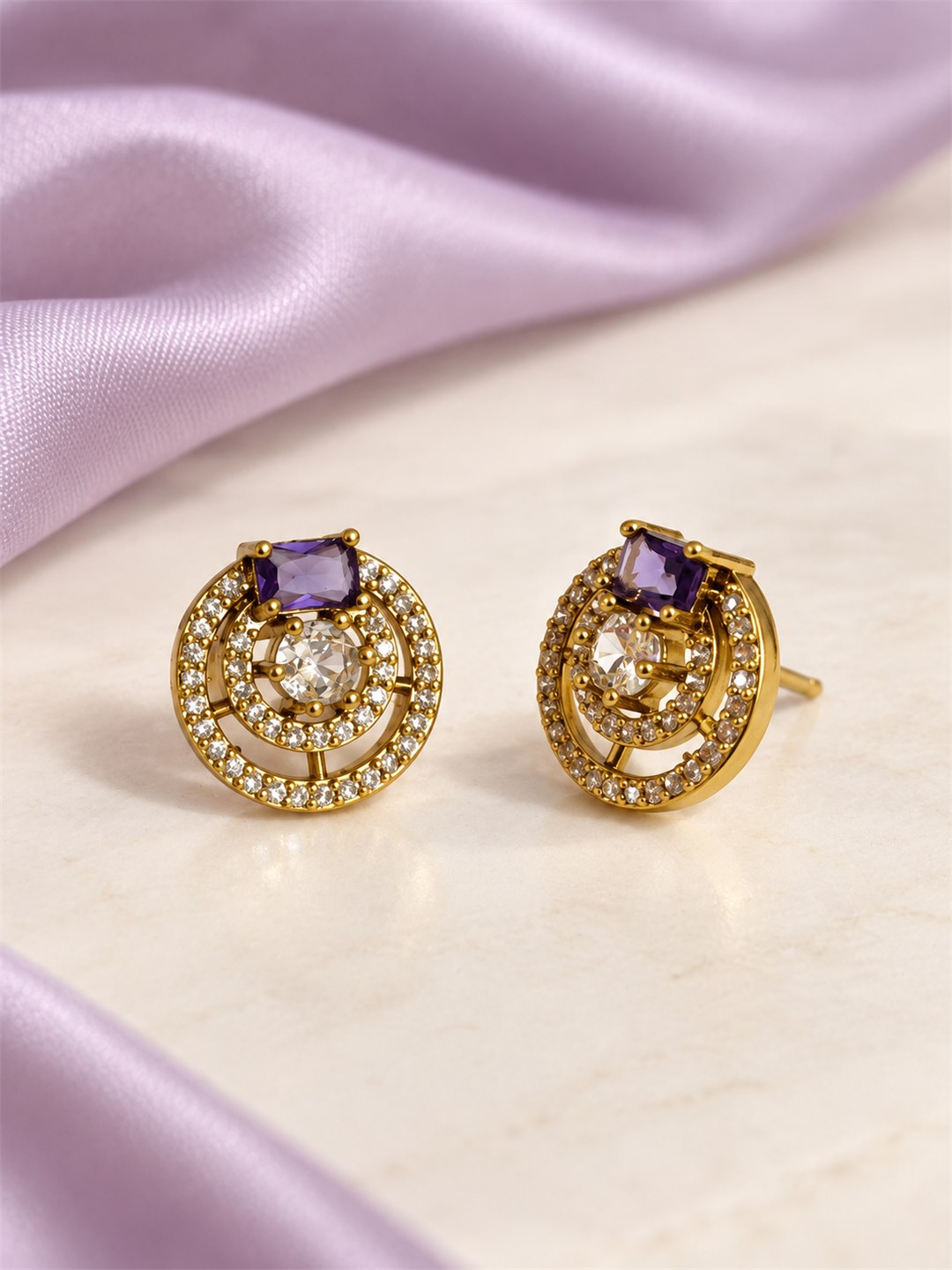 Purple Stone Double Halo Stud Earrings, gold plated, lifestyle view