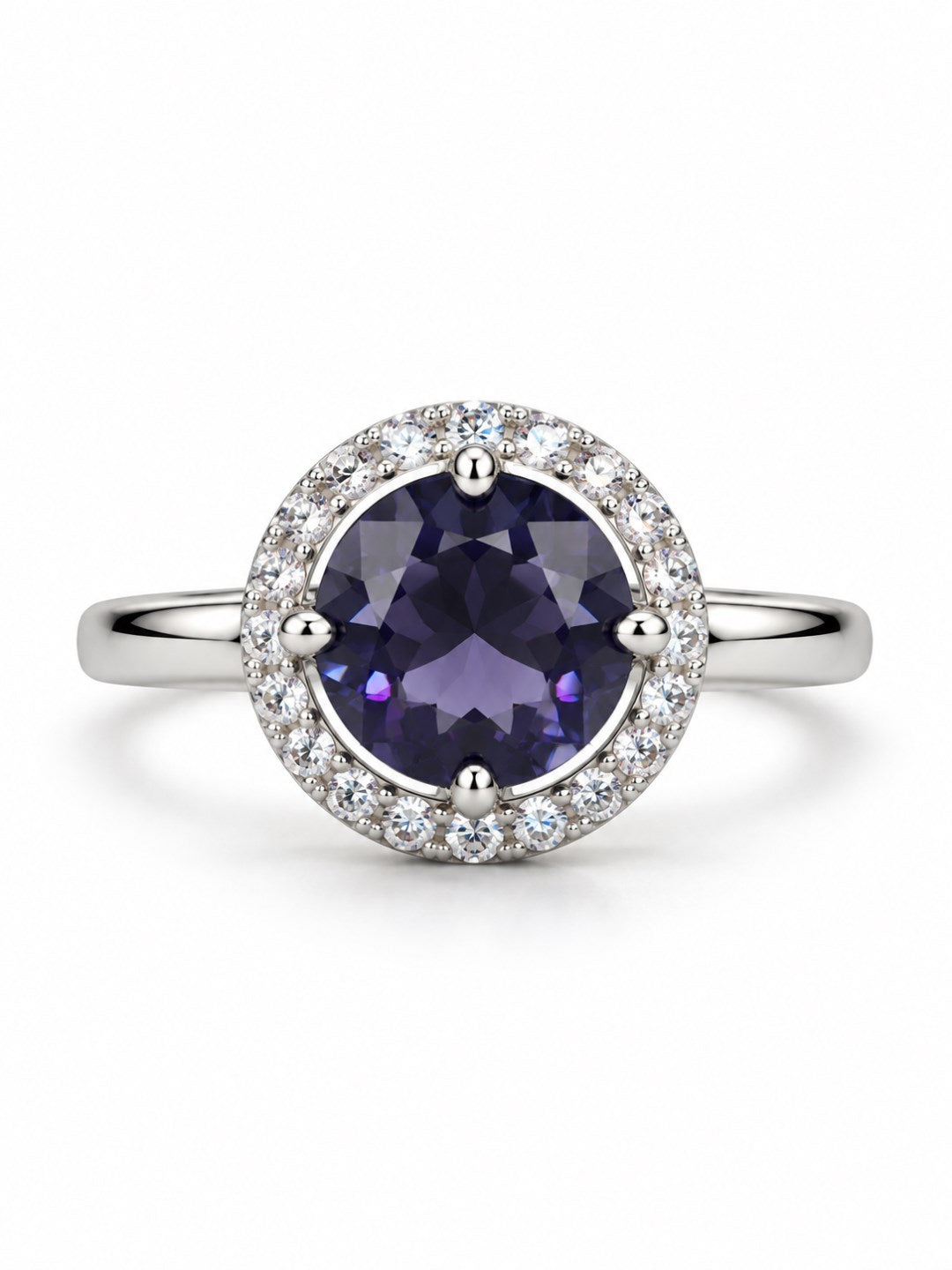Purple Round Solitaire Halo Ring - Silver Plated