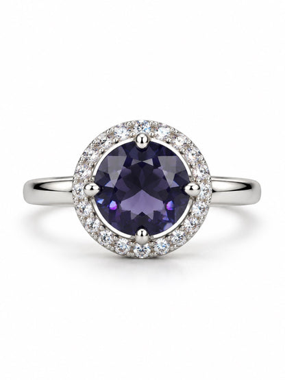 Purple Round Solitaire Halo Ring - Silver Plated