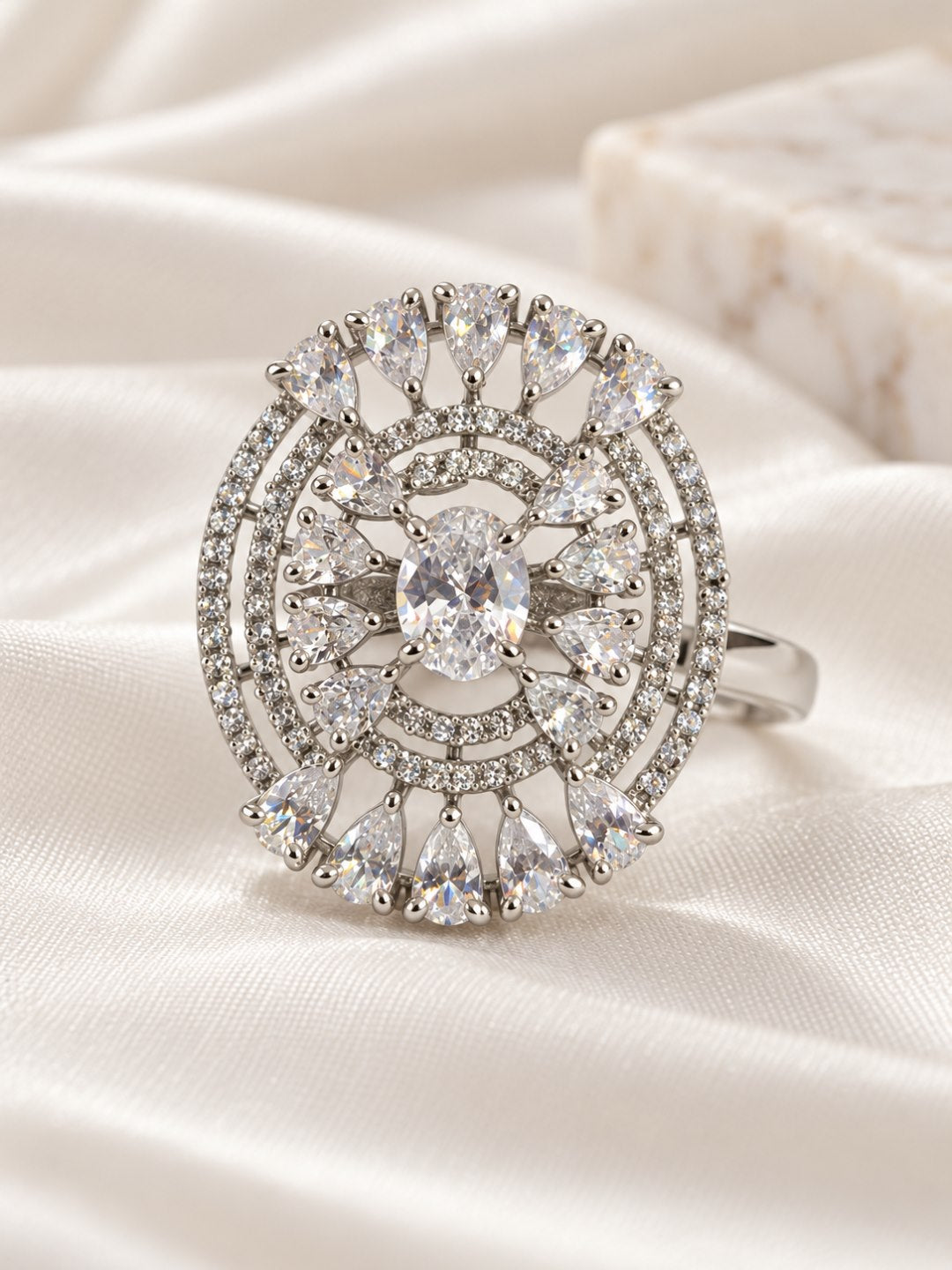 Clear Oval Center Halo Ring - Silver Plated - alternate view