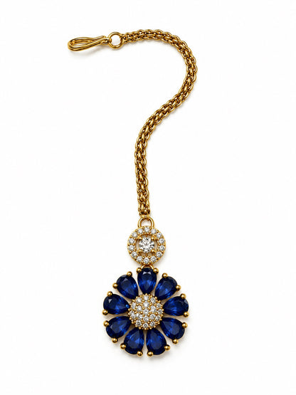 Blue Teardrop Floral Maang Tikka - Gold Plated, additional view 2