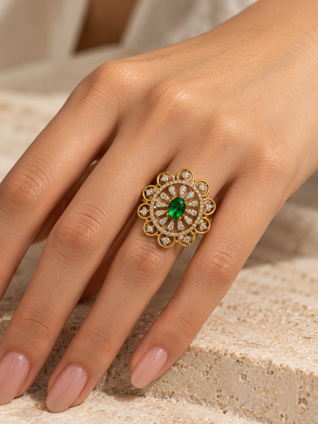 Green Stone Scalloped Sunburst Ring - Gold Plated, model close-up