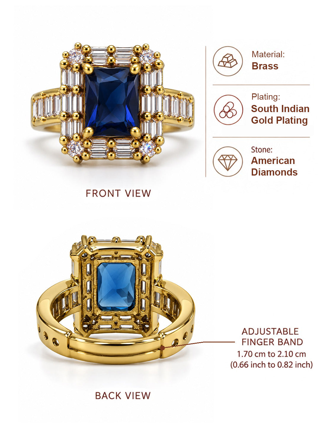 Blue Center Stone Baguette Halo Ring - Gold Plated product image