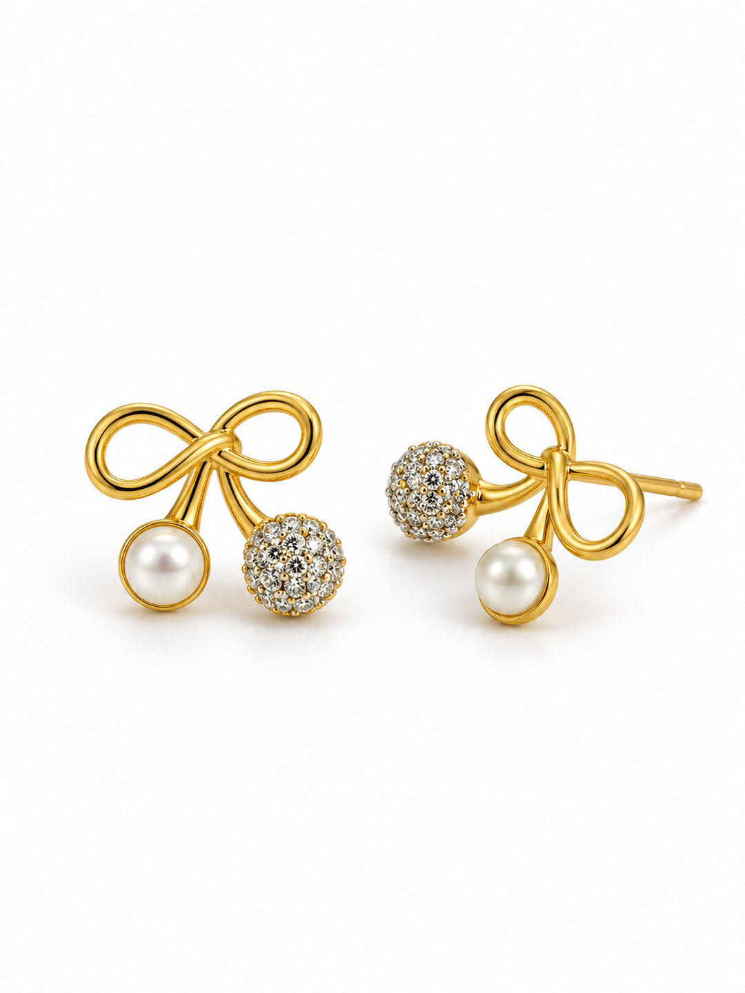 White Bead and Clear Stone Cherry Stud Earrings - Gold Plated, additional view 1