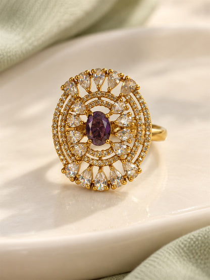 Purple Stone Oval Teardrop Halo Ring - Gold Plated, additional view 3