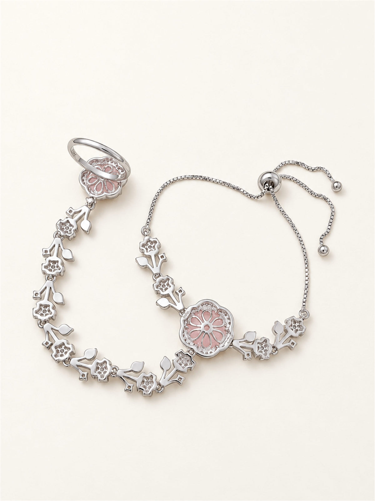 Pink silver-plated floral marquise-stone chain hathphool