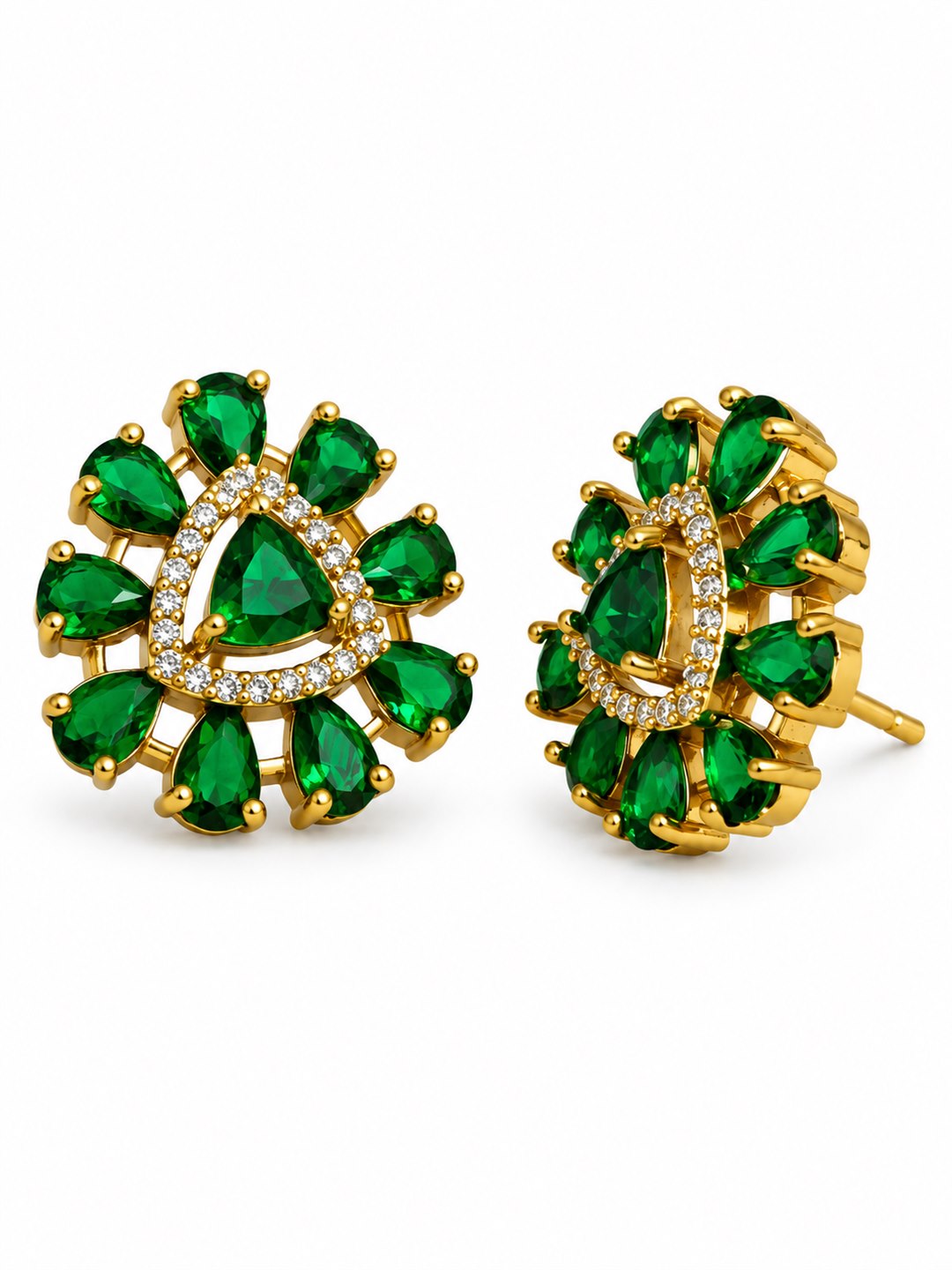 Green Triangle Center Halo Stud Earrings - Gold Plated