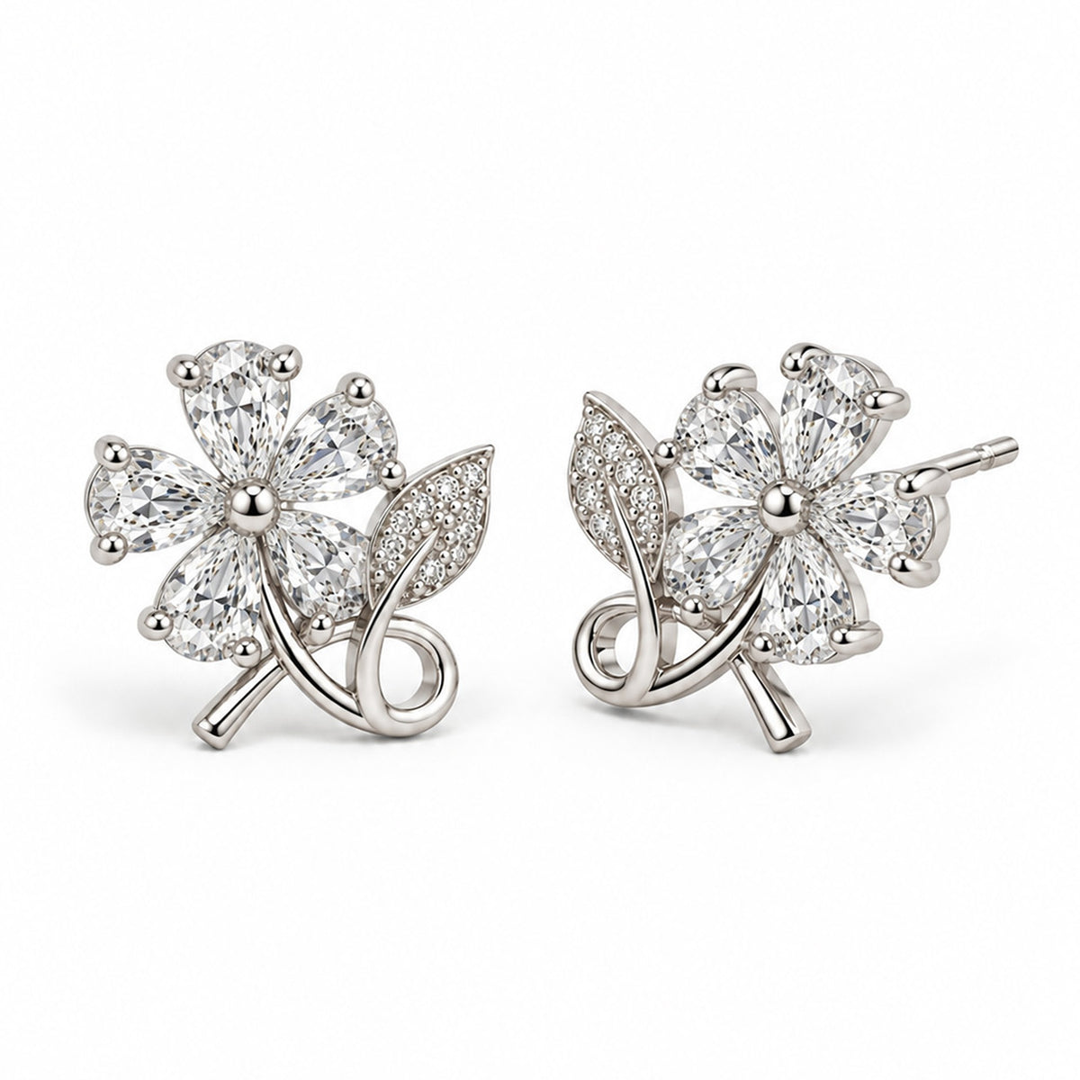 Clear Flower and Leaf Stud Earrings, silver plated