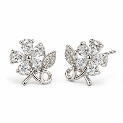 Clear Flower and Leaf Stud Earrings, silver plated