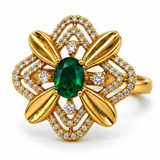 Green Stone Four Petal Floral Ring - Gold Plated, product view