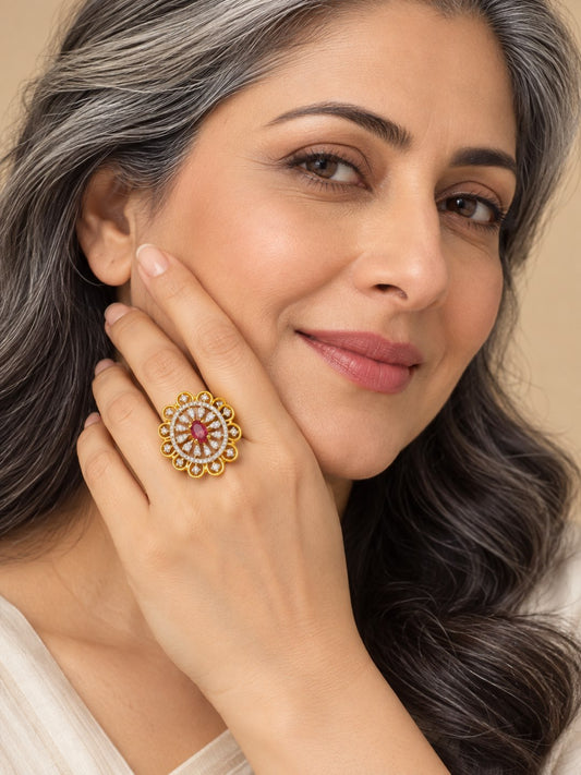 Red Center Stone Scalloped Floral Halo Ring - Gold Plated - model close-up