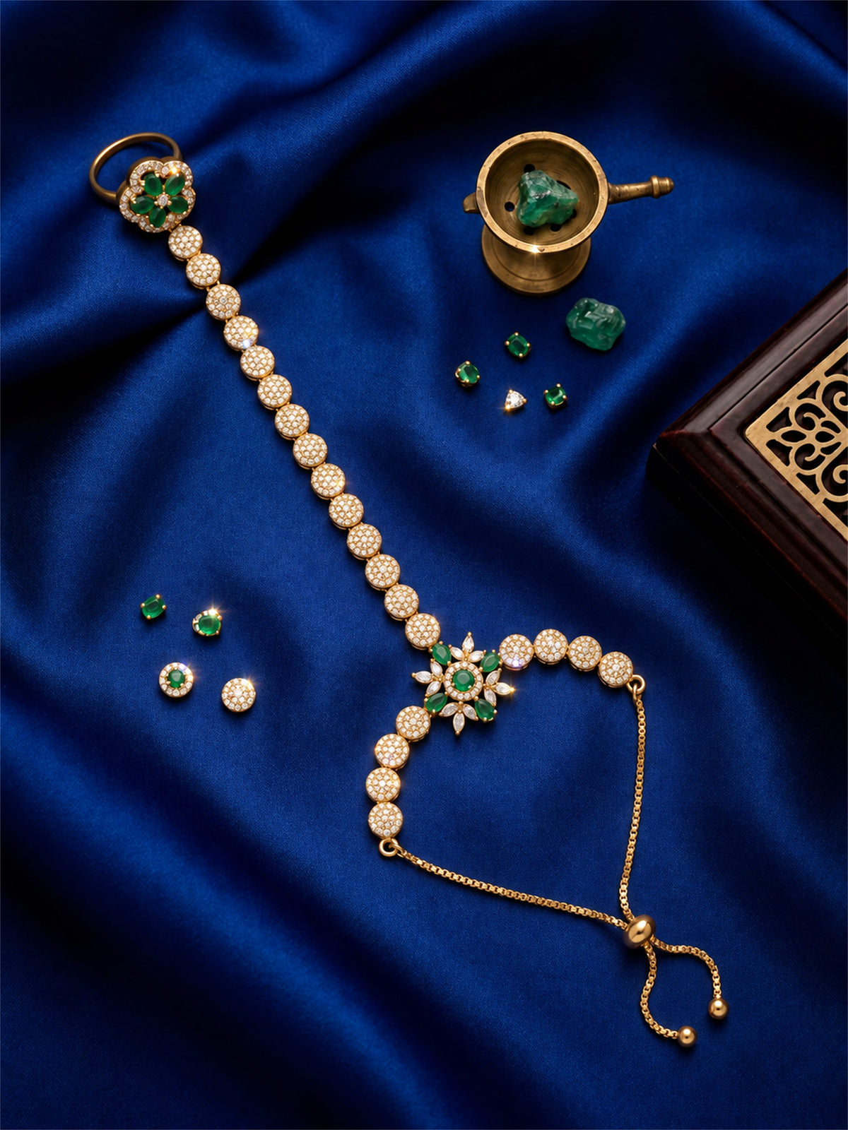 Green Floral Round-Stone Chain Hathphool - Mehndi Plated