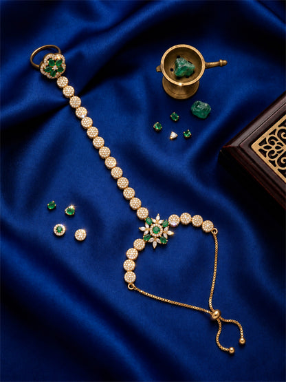 Green Floral Round-Stone Chain Hathphool - Mehndi Plated