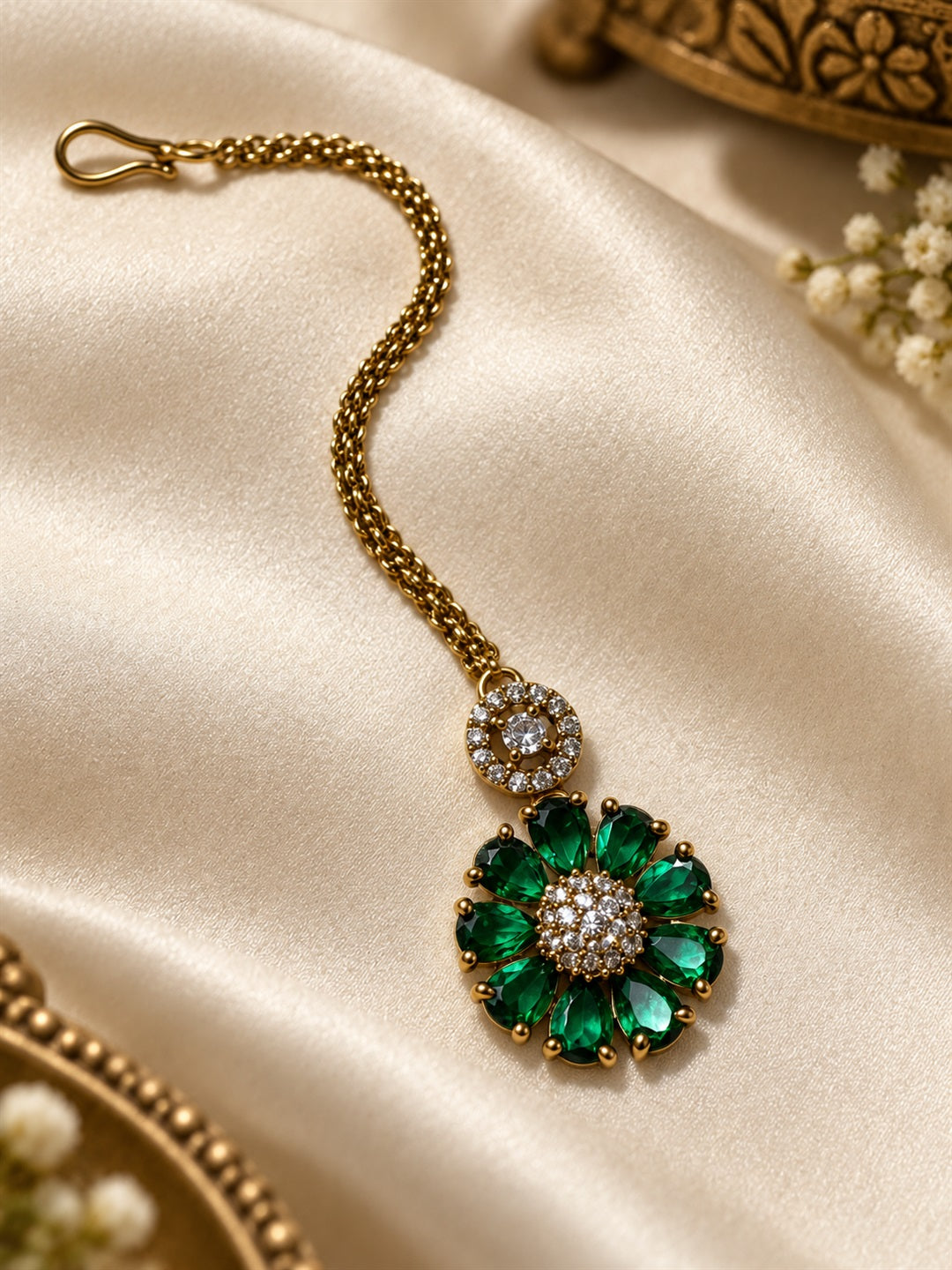 Green Teardrop Floral Maang Tikka - Gold Plated, additional view 4