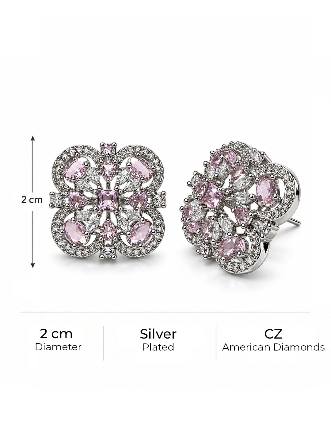 Pink Scrollwork Floral Stud Earrings in silver plating