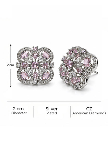 Pink Scrollwork Floral Stud Earrings in silver plating