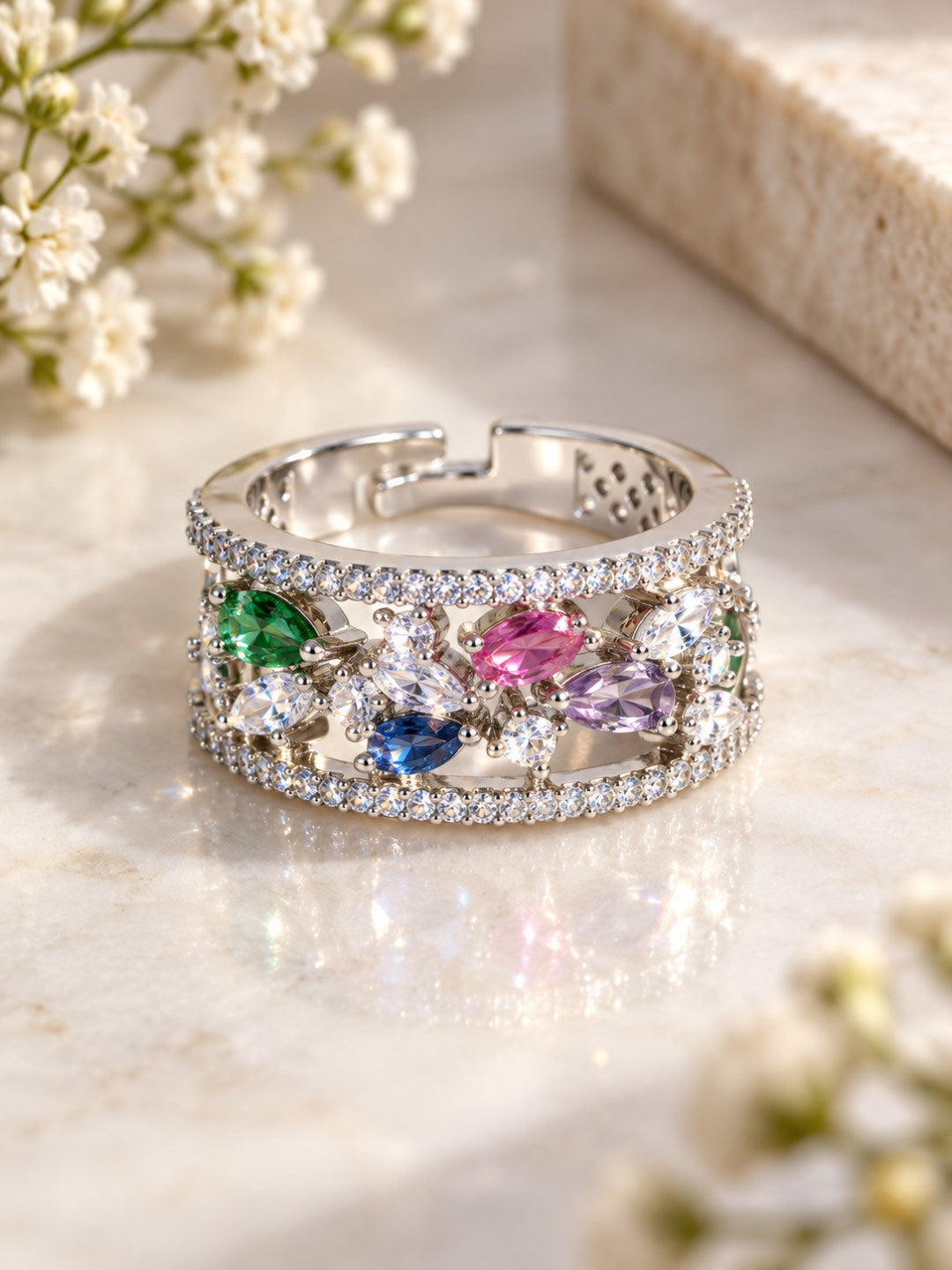Multicolor Floral Band Ring - Silver Plated