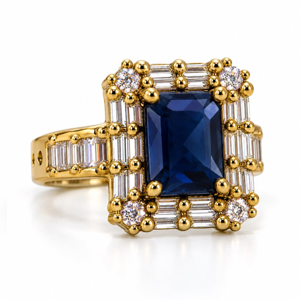 Blue Center Stone Baguette Halo Ring - Gold Plated product image