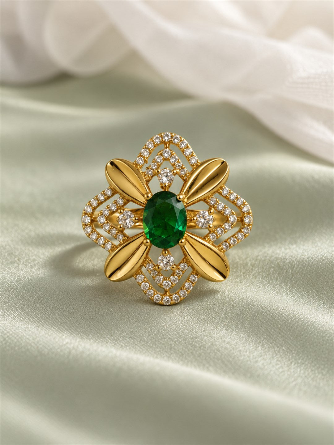Green Stone Four Petal Floral Ring - Gold Plated, additional view 3