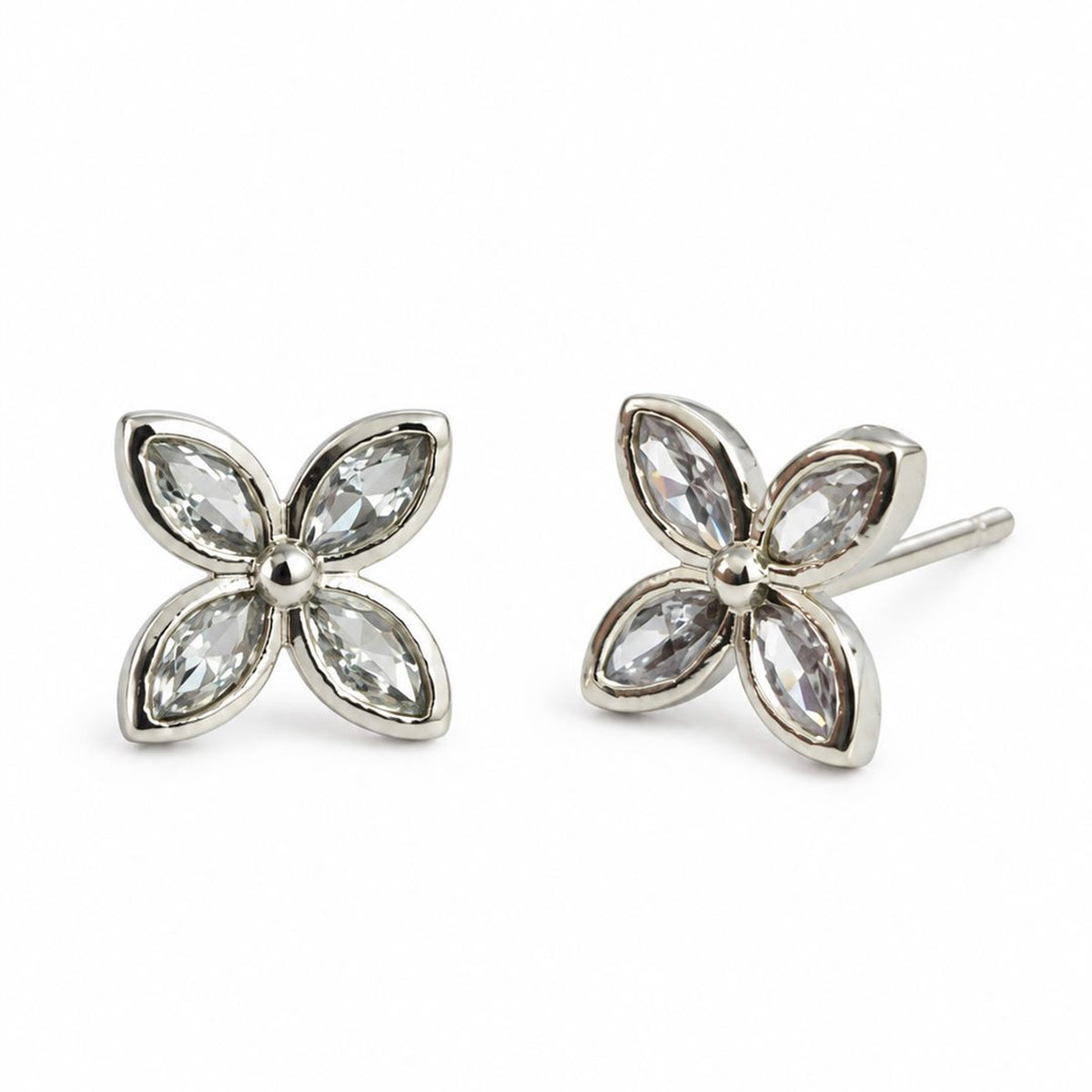 Clear Marquise Four Petal Stud Earrings, silver plated