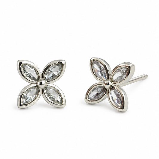 Clear Marquise Four Petal Stud Earrings, silver plated
