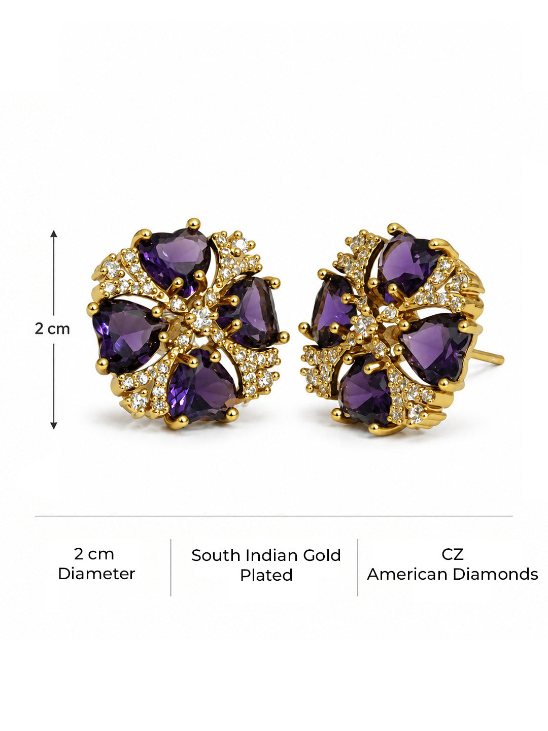 Purple Four Heart Floral Stud Earrings - Gold Plated