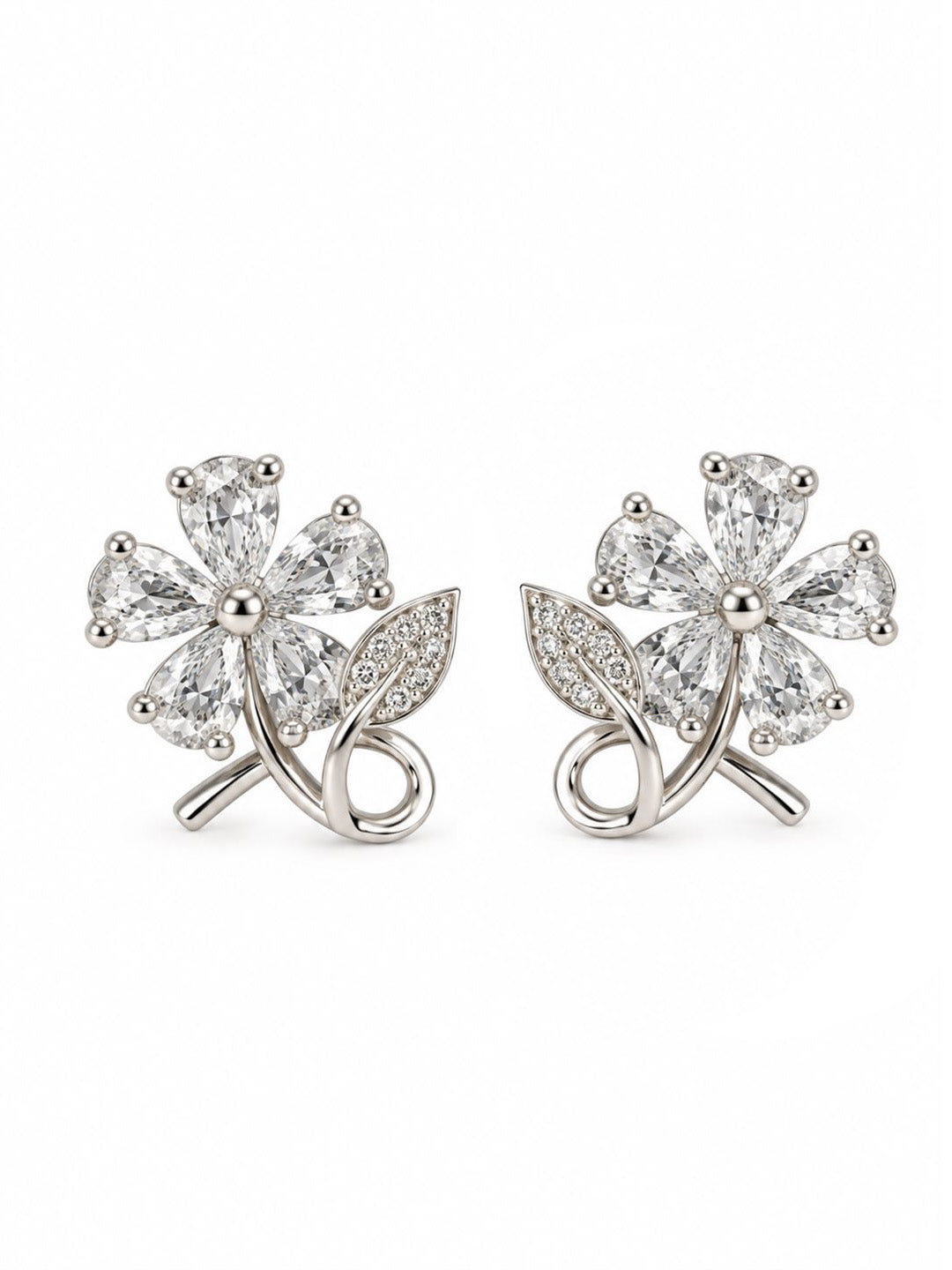 Clear Flower and Leaf Stud Earrings, silver plated, additional product view