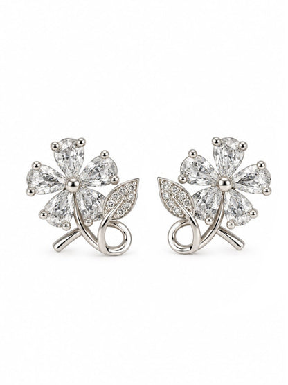 Clear Flower and Leaf Stud Earrings, silver plated, additional product view