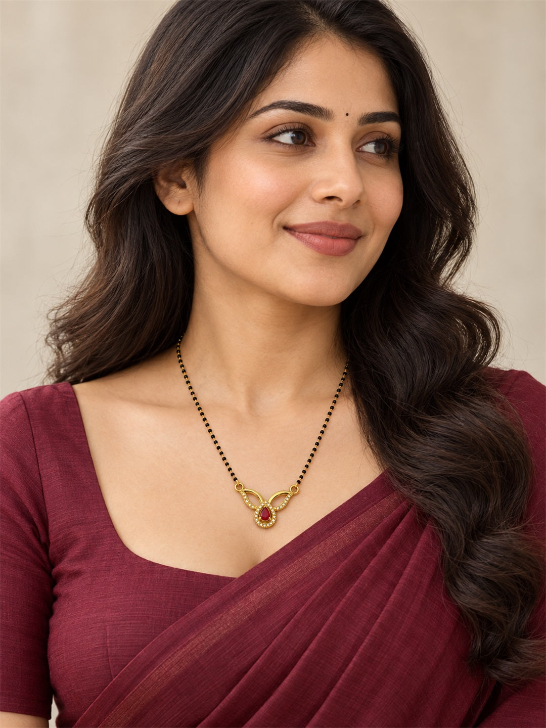 Red teardrop and open leaf gold-plated mangalsutra