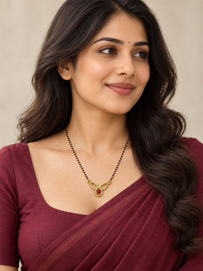 Red teardrop and open leaf gold-plated mangalsutra