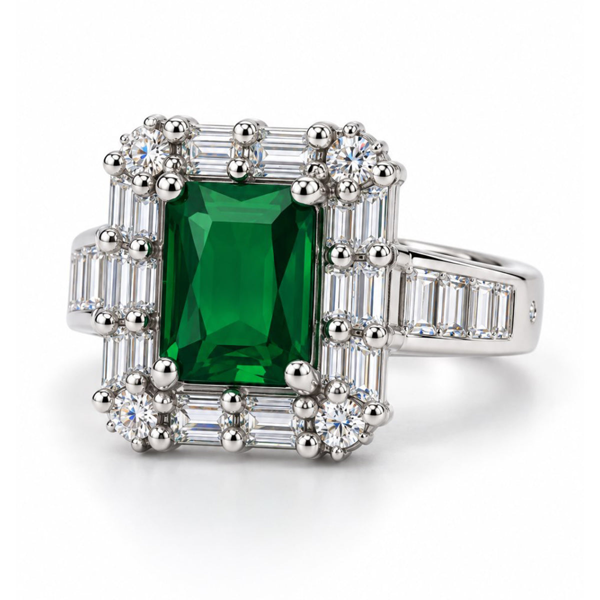 Green Center Stone Baguette Halo Ring - Silver Plated product image