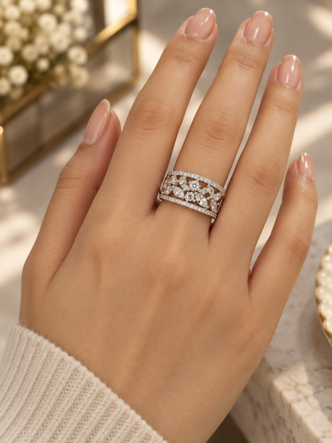 Clear Marquise Floral Band Ring - Silver Plated worn on hand