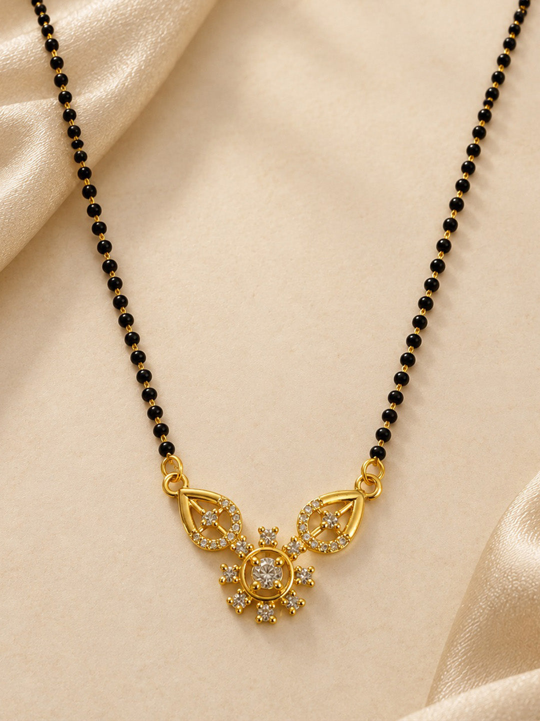White flower and open leaf gold-plated mangalsutra