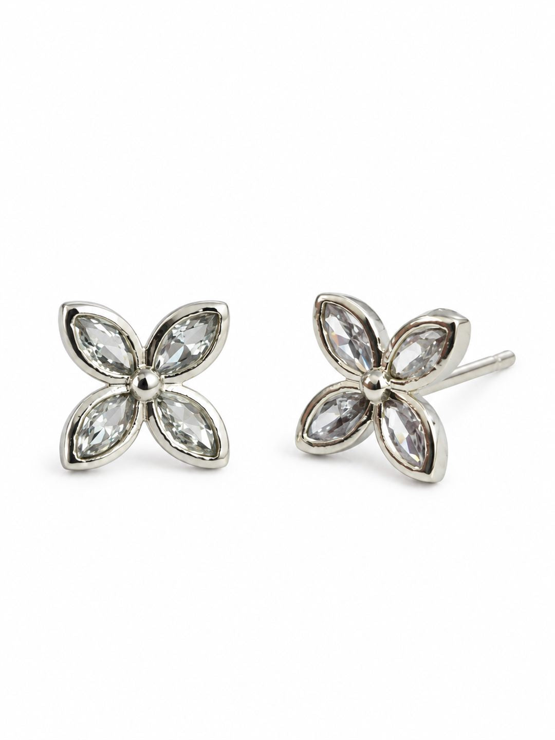 Clear Marquise Four Petal Stud Earrings, silver plated, alternate product view